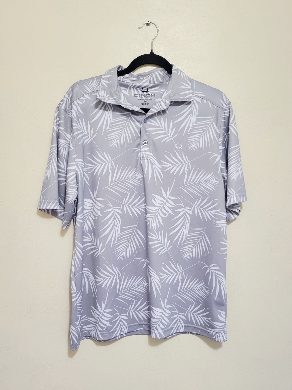 Cinch Men's Gray Polo with White Palm Leaf Print